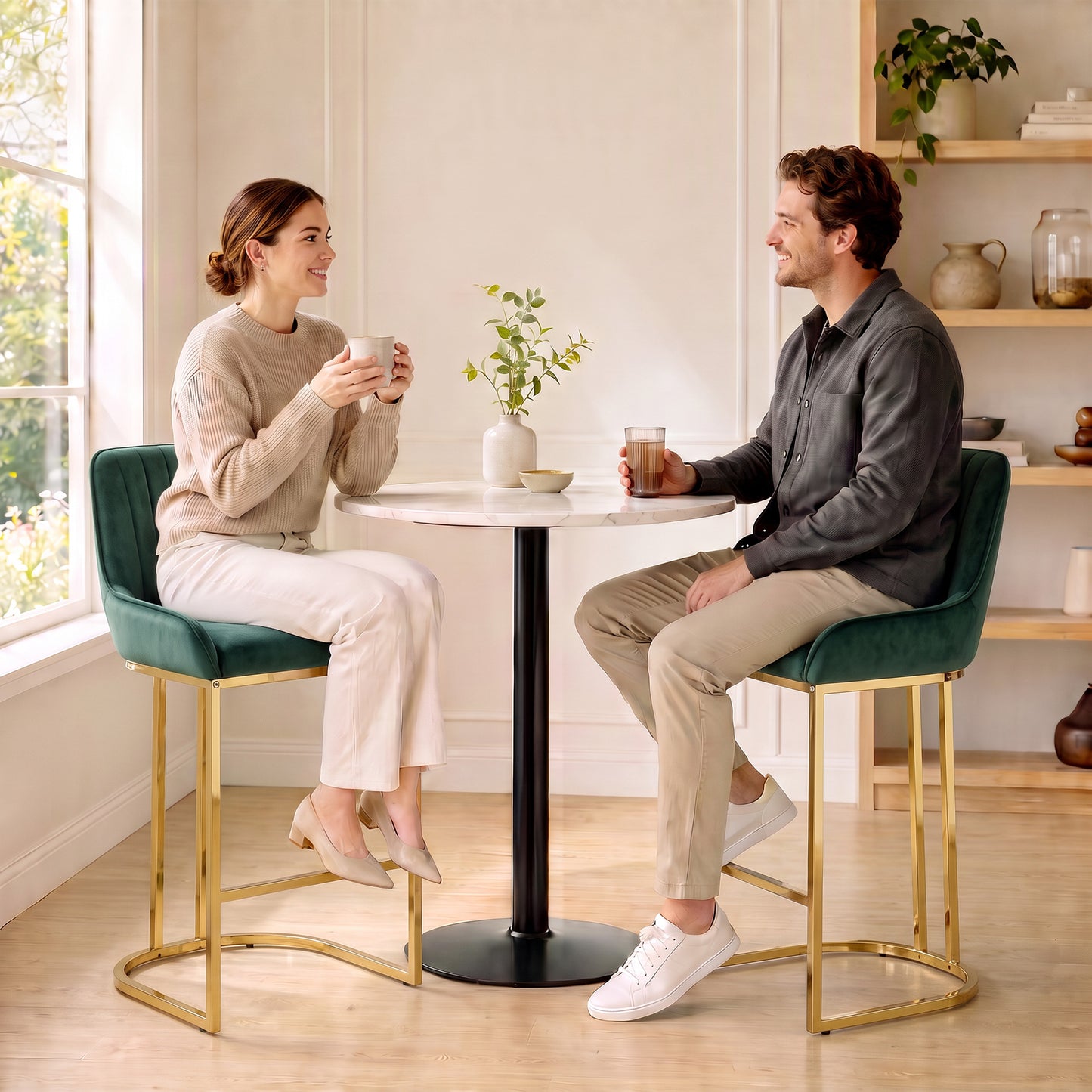 HOMCOM Bar Stools Set of 2 with Backrest, Footrest, Gold Electroplated Legs for Kitchen Island, Dining Room, Dark Green