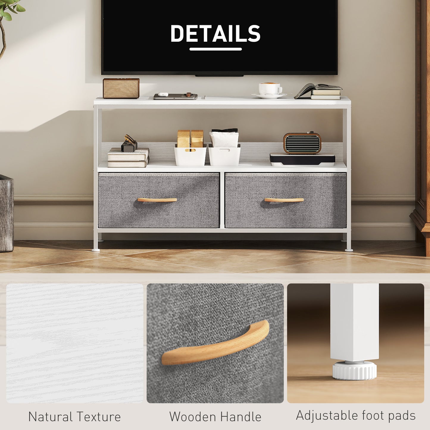 HOMCOM TV Stand Cabinet with 2 Foldable Drawers - White
