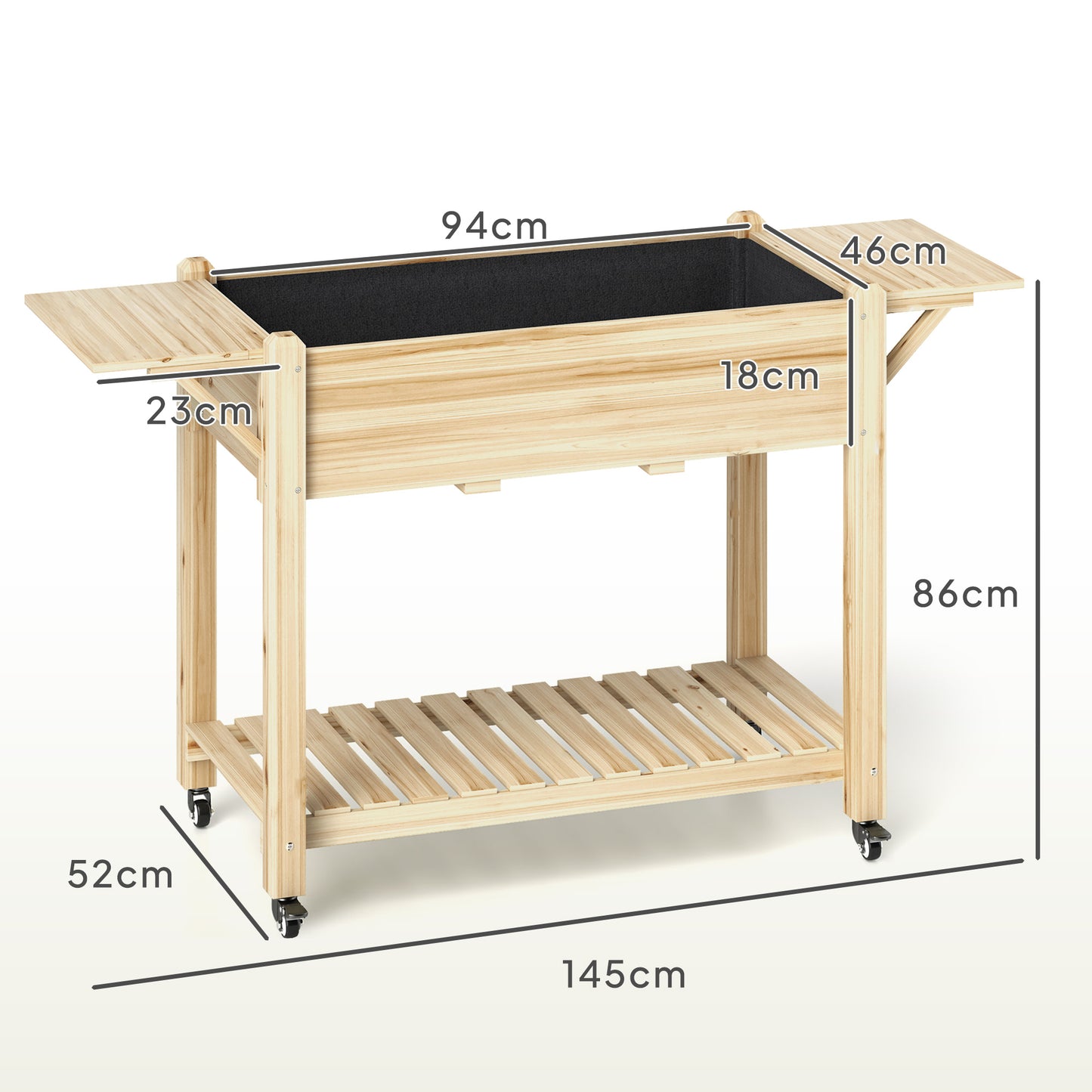 Outsunny Raised Garden Bed, Wooden Planter Box with Wheels, Side Tables, Shelf, Liner & Drainage Holes