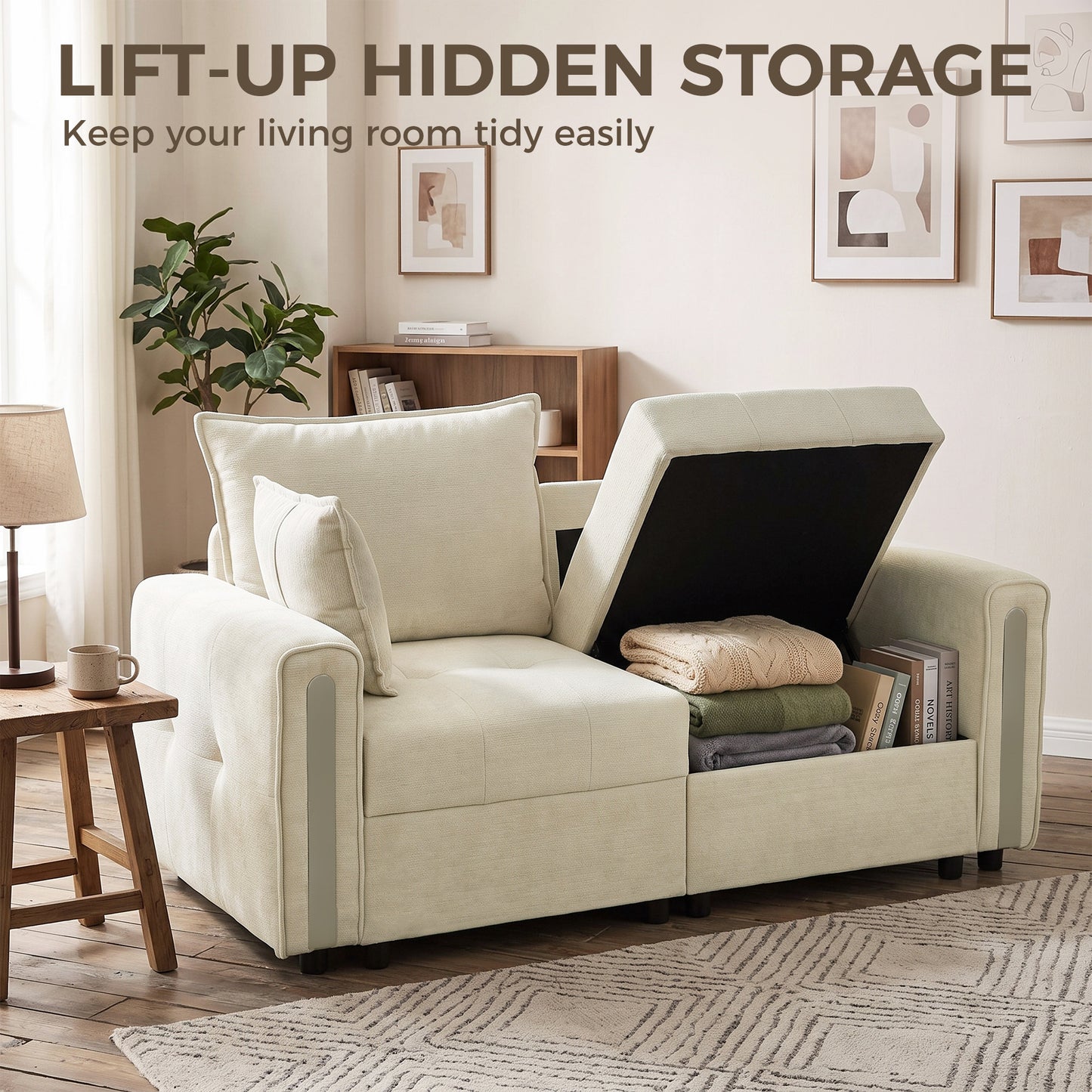 HOMCOM 2 Seater Sofa with Lift-Up Storage, 168 cm Comfy Velvet Small Couch with Wide Deep Seat Beige