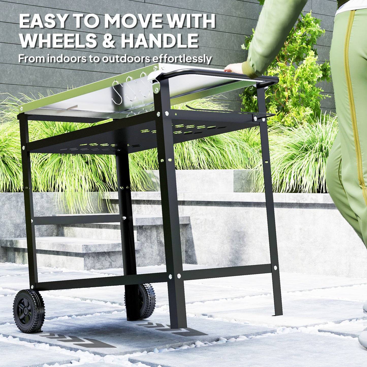 Outsunny BBQ Trolley, Stainless Steel Top, Adjustable Shelf, Hooks, Tray, Towel Rack, Pizza Oven Table, Movable Grill Cart with Cover, Black