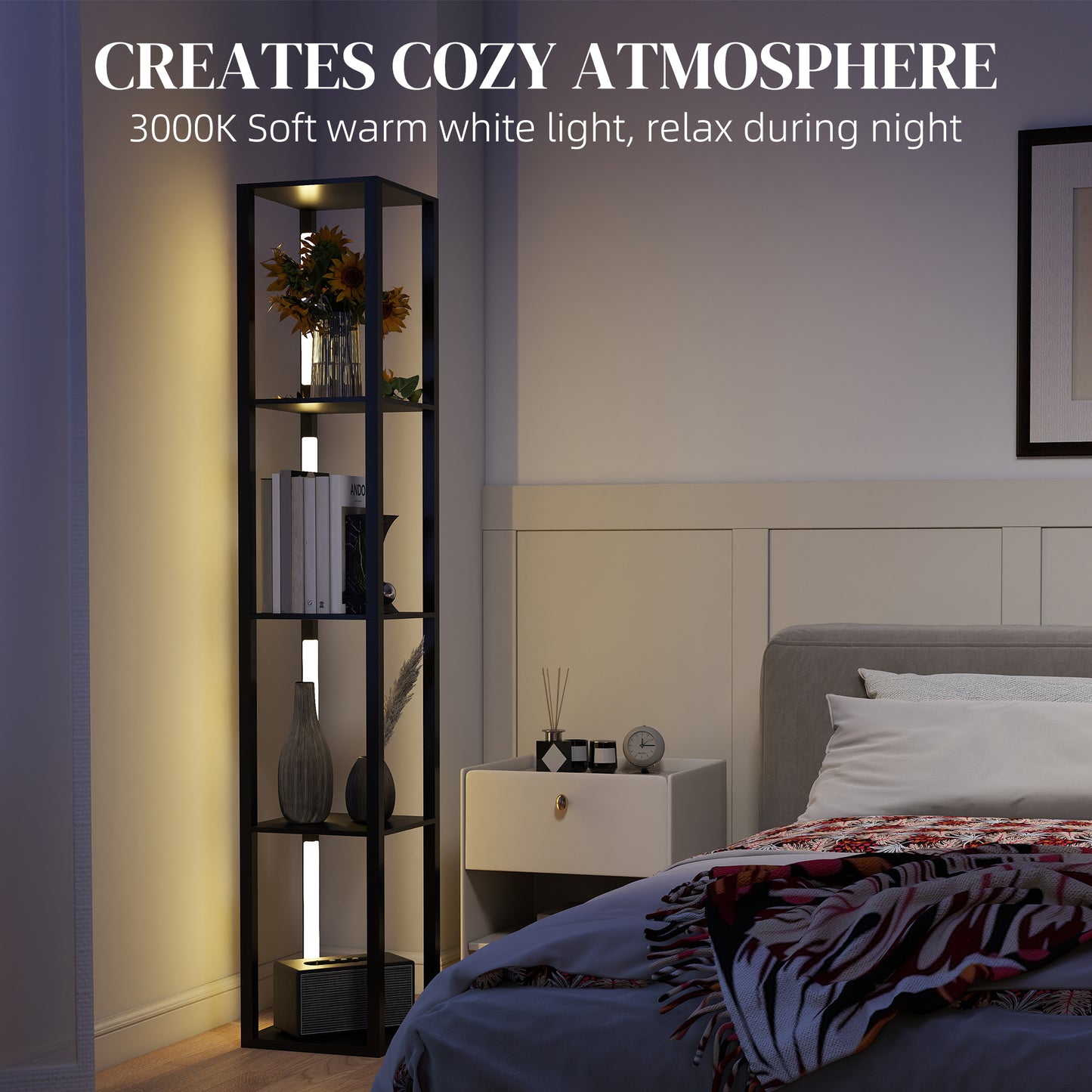 HOMCOM Floor Lamp with Shelves, 4-Layer Dimmable Standing Lamp, 3 Brightness Levels, Foot Switch for Living Room, Bedroom, Office, Black