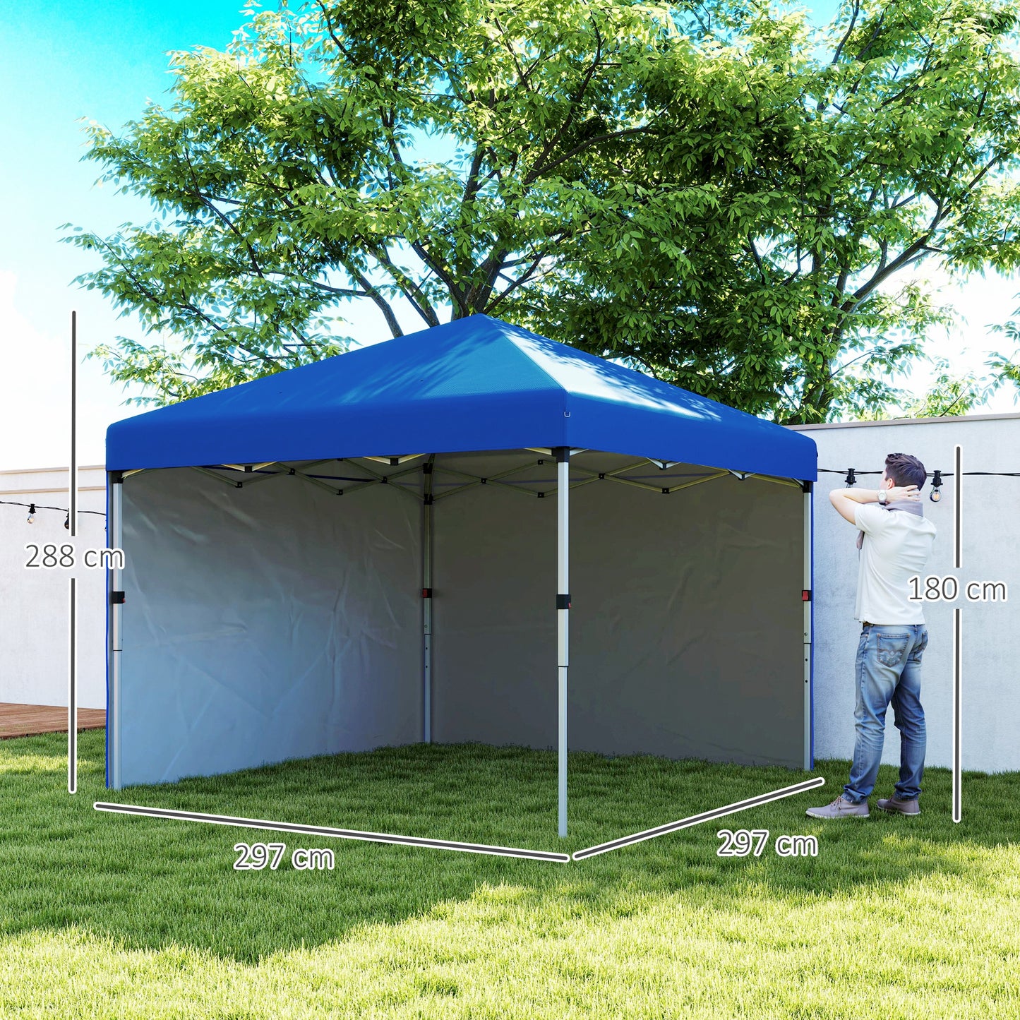 Outsunny Pop Up Gazebo 3x3m, UPF 30+, 2 Sidewalls, Leg Bags & Wheeled Bag, Height Adjustable Party Tent for Garden/Patio, Blue