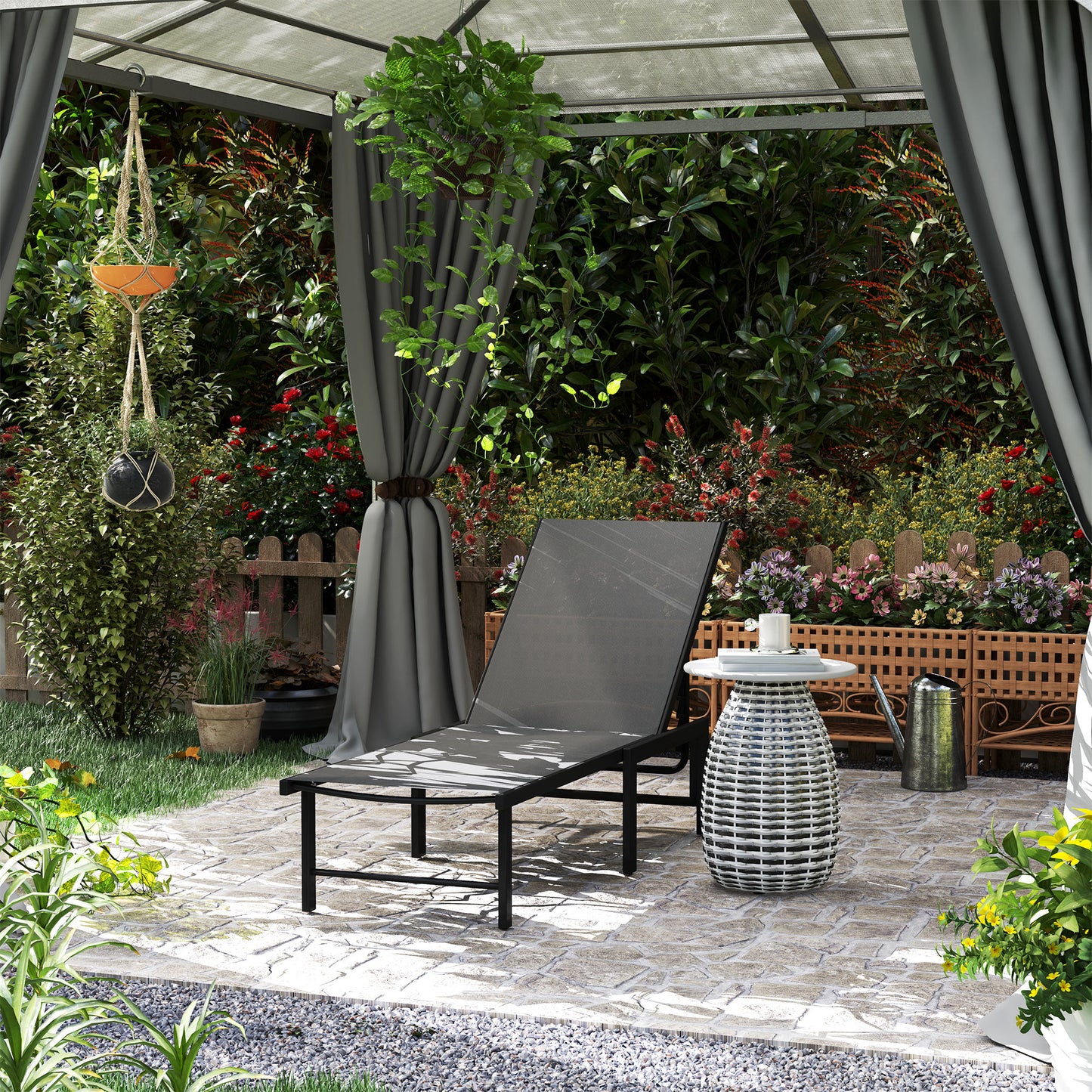 Outsunny Sun Lounger, 5-Level Adjustable Reclining Chair, Flat Garden Sunbed, Texteline Seat, Steel Frame for Patio, Beach, Grey