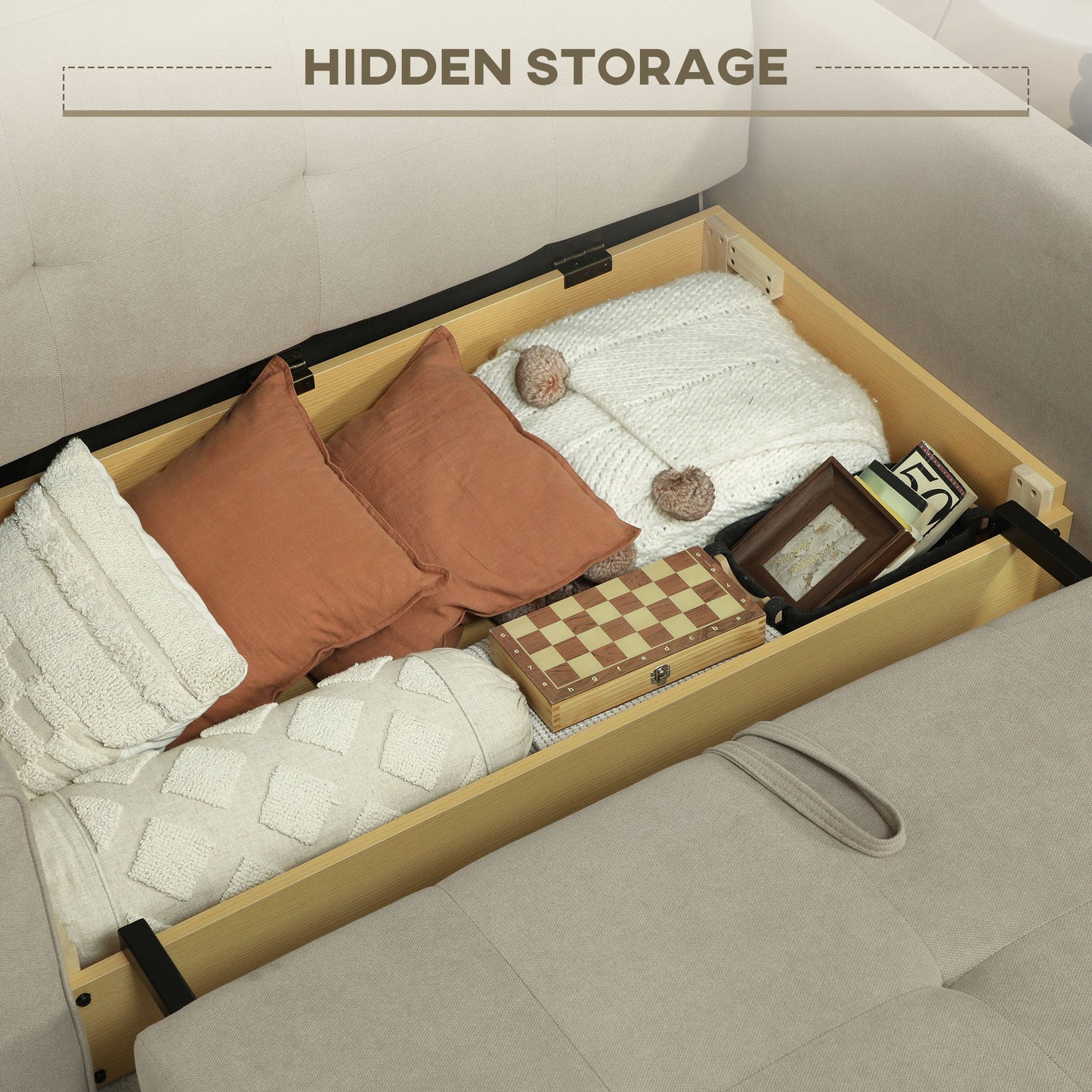 HOMCOM 2 Seater Sofa Bed, Convertible Fabric Loveseat with Cushions and Hidden Storage for Living/Guest Room, Light Brown