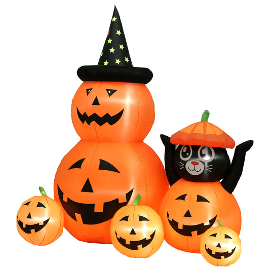 Outsunny Halloween Inflatable 180 cm Pumpkin and Cat with LED Lights, Self-Inflating Outdoor Decoration for Garden Party, Orange and Black