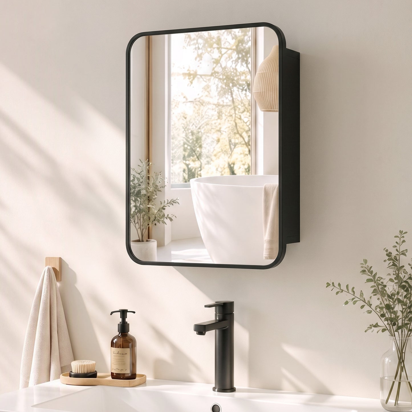 HOMCOM Bathroom Medicine Mirror Cabinet, Bathroom Wall Cabinet with Storage, Magnetic Door and Adjustable Shelf, Black