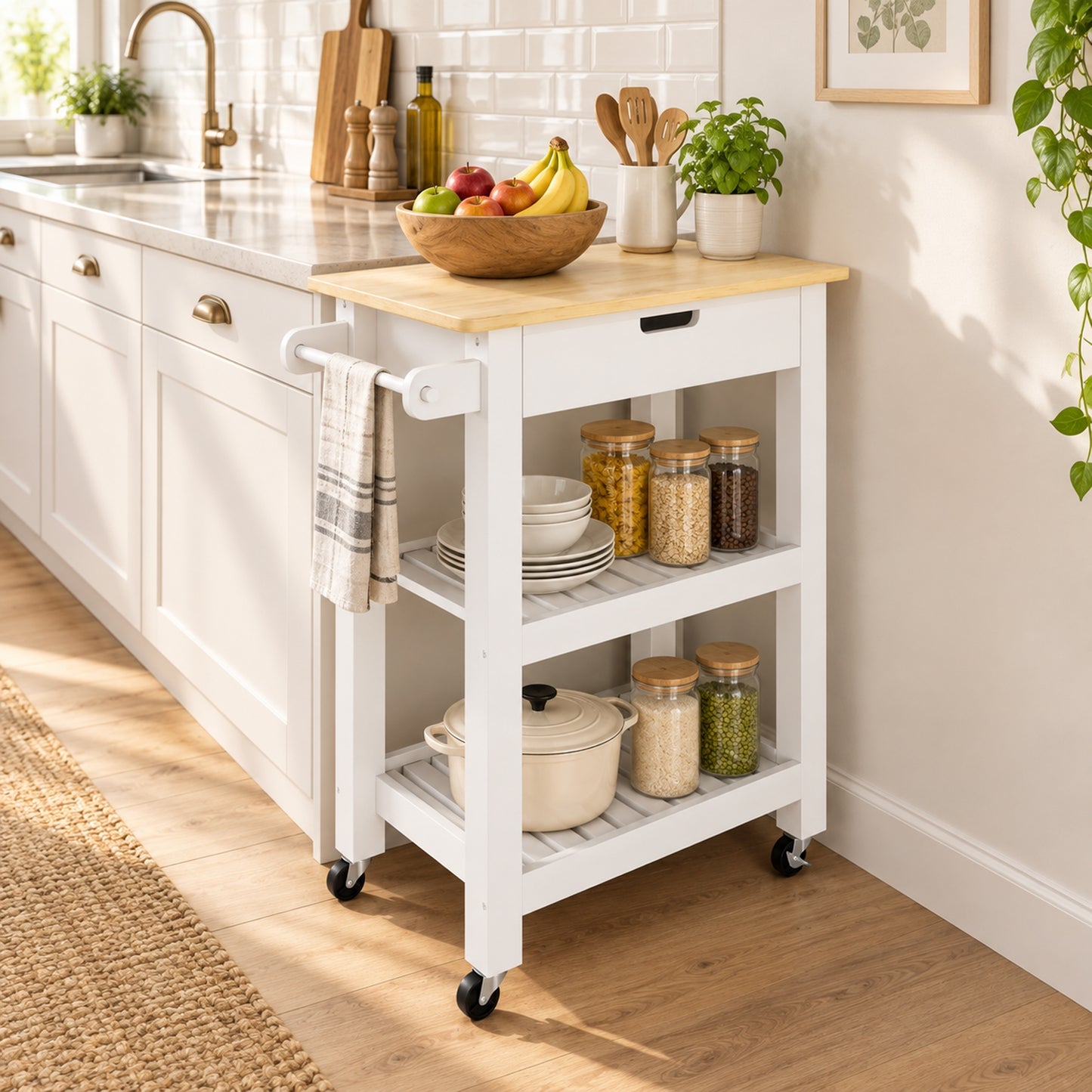 HOMCOM Kitchen Trolley Utility Cart on Wheels with Rubberwood Worktop, Towel Rack, Storage Shelves & Drawer for Dining Room