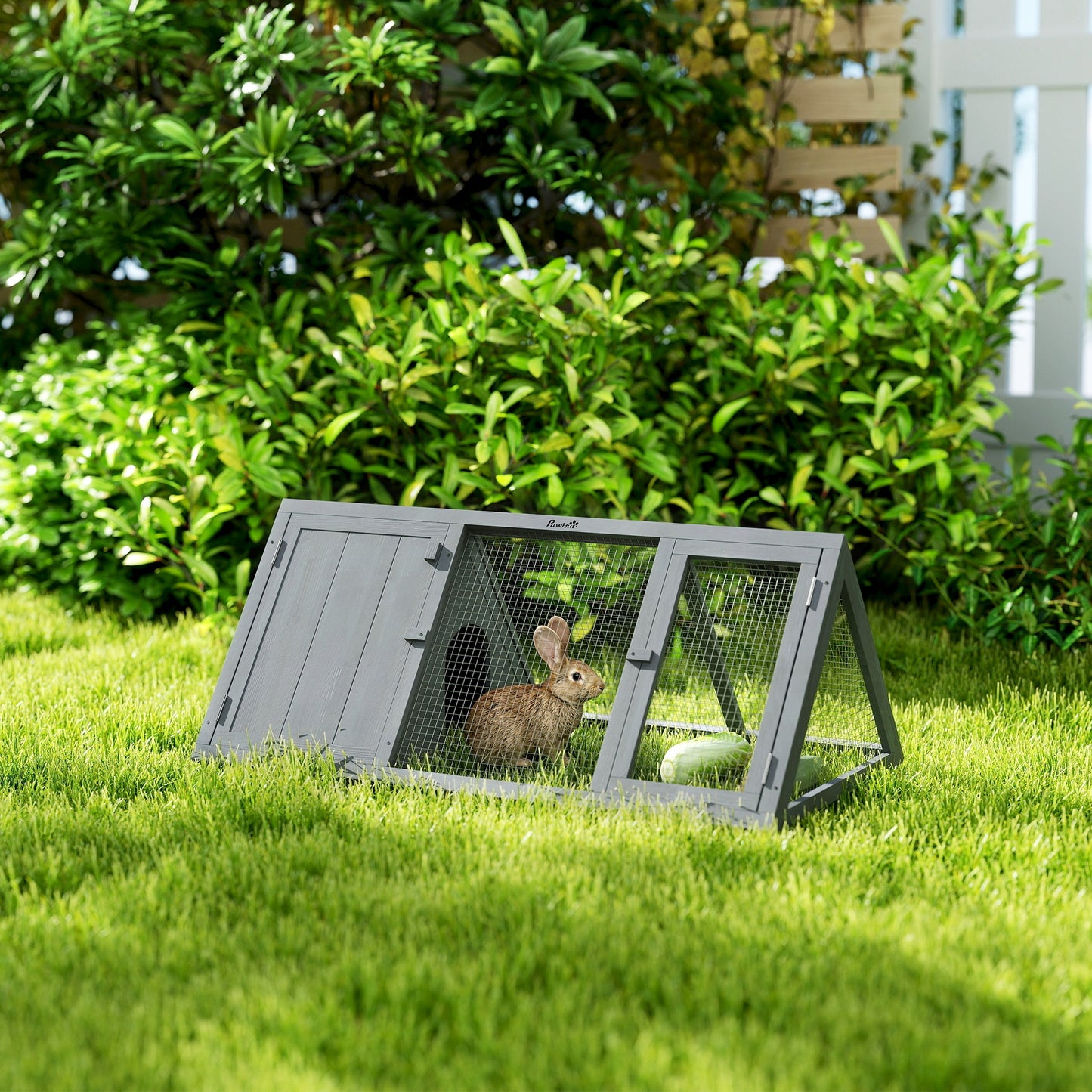 PawHut Rabbit Hutch, Wooden Guinea Pig Hutch with Run Doors, Outdoor Triangle Bunny House for Rabbits,Duck and Chicken