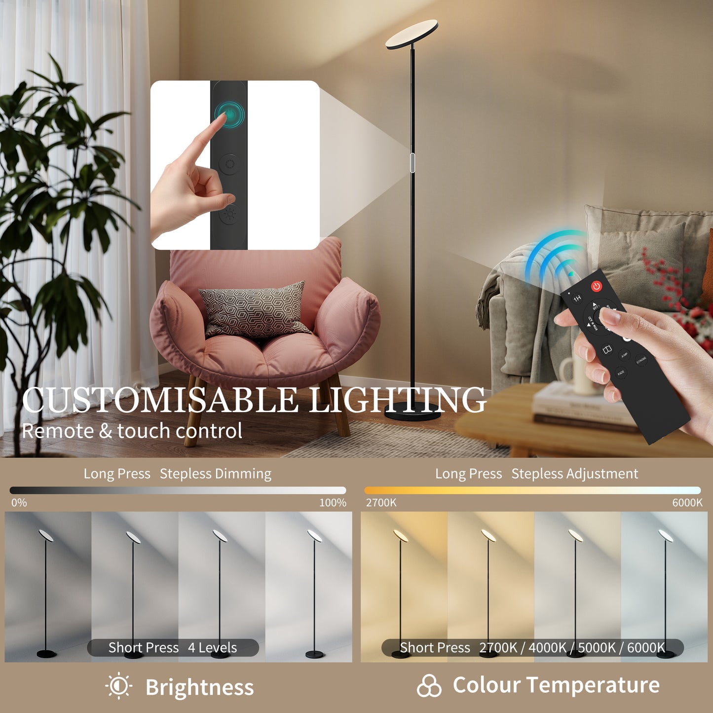 HOMCOM RGB Uplighter Floor Lamp, Tall Dimmable with Remote & Touch Control, 350° Rotatable Head, 2700K-6000K Temperatures, Black