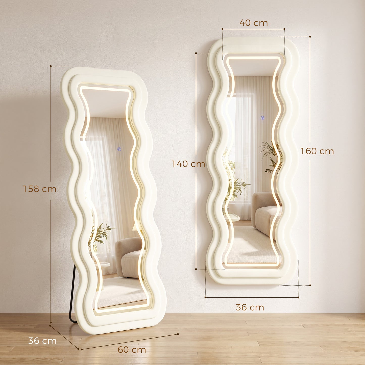 HOMCOM Full Length Mirror, 160 x 60 cm Wavy Full Body Wall Standing Mirror with Velvet Frame and LED Light Strip, Cream White