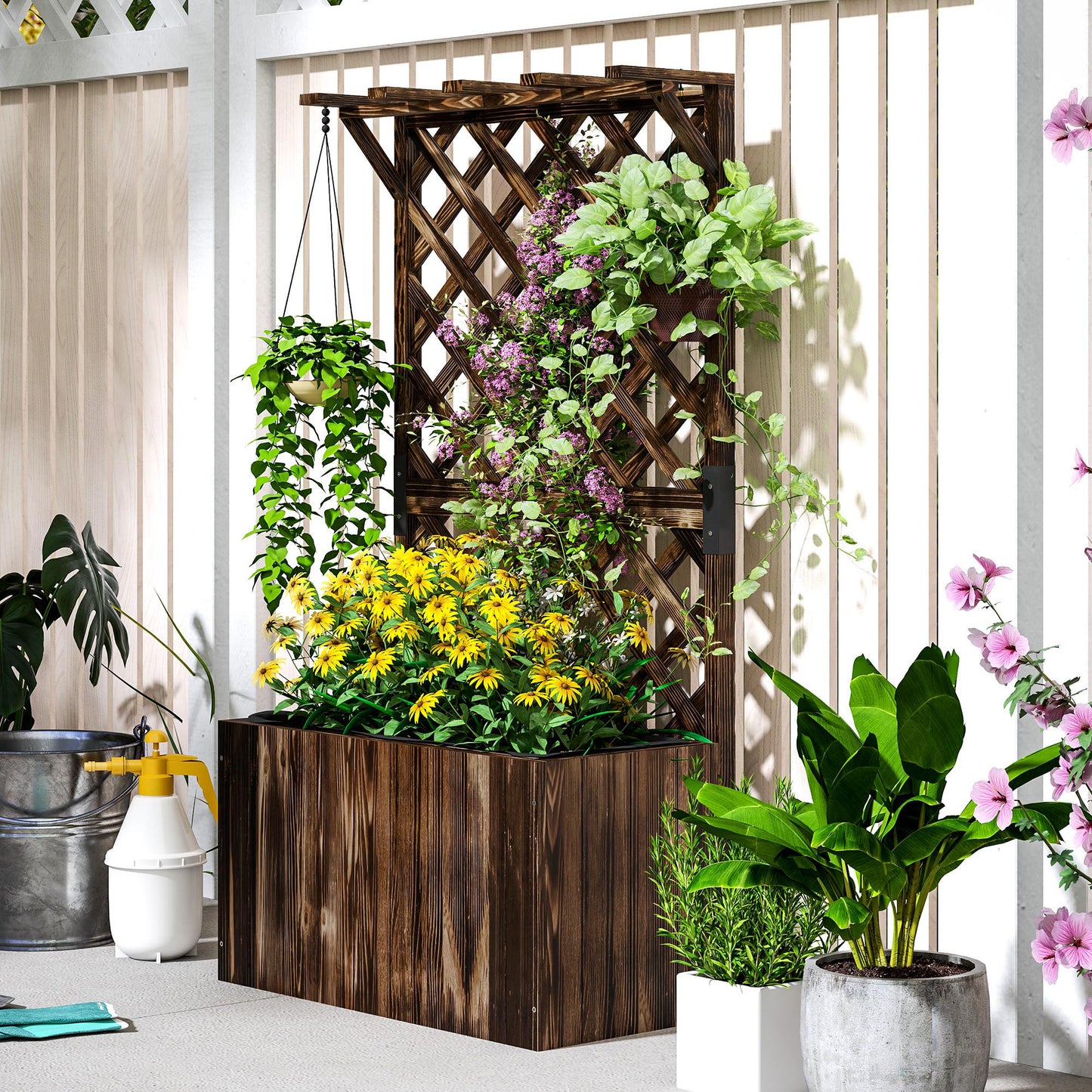 Outsunny Wooden Planter with Trellis, Freestanding Raised Garden Bed with Drainage Holes and Liner for Vegetables and Flowers, Carbonised