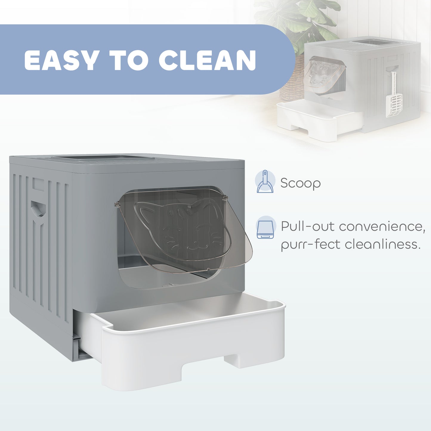 PawHut Foldable Cat Litter Box with Lid, Slide-Out Drawer, Scoop, Easy Clean, Odour Control, Anti-Splashing, Grey