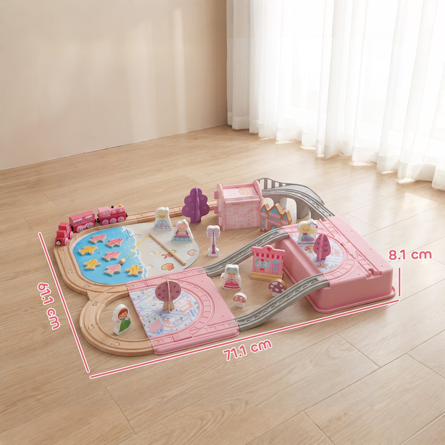 AIYAPLAY Wooden Train Set, 58PCS Train Track Set with 17 Track Pieces, 5 Princess Figures and Accessories