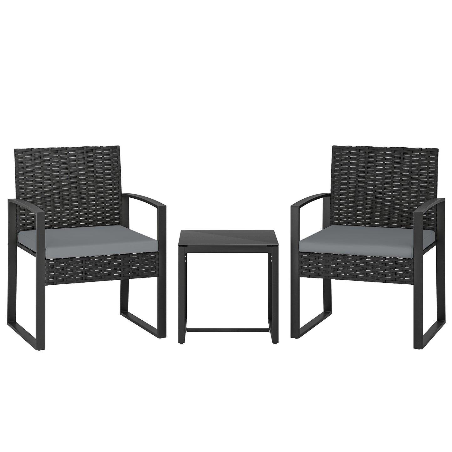 Outsunny Rattan Bistro Set, 3 Piece Garden Furniture Set with Glass Top Table and Cushions, Light Grey
