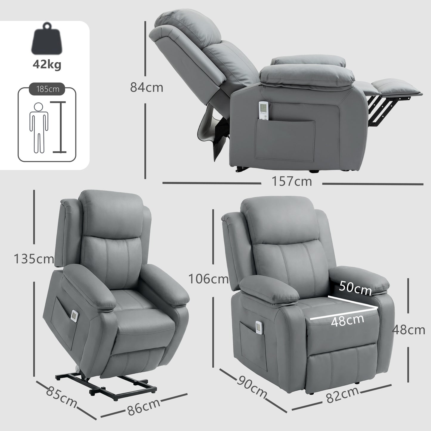 HOMCOM Riser and Recliner Chair with Massage, PU Leather Power Electric Lift Chair for Elderly with High Back, Grey