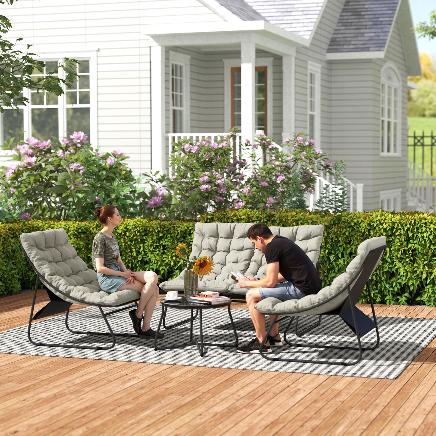 Outsunny 4 Seater Garden Furniture Set with Sofa, Chairs, Glass Table, Thick Cushions, Steel for Balcony or Poolside, Light Grey