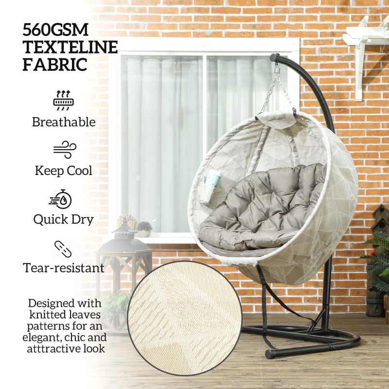 Outsunny Hanging Egg Chair Outdoor Indoor Garden Swing Chair with Folding Basket, Garden Hanging Chair with Stand, Thickened Cushion, Cup Holder for Patio, Balcony, Sand Brown