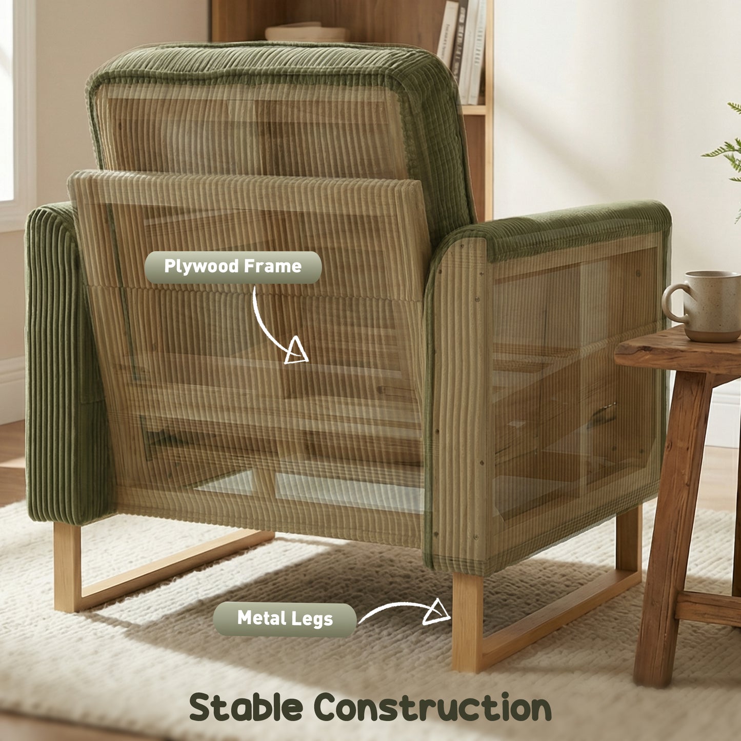 HOMCOM Accent Chair with Spring, Modern Industrial Armchair with Metal Legs for Livingroom Dark Green