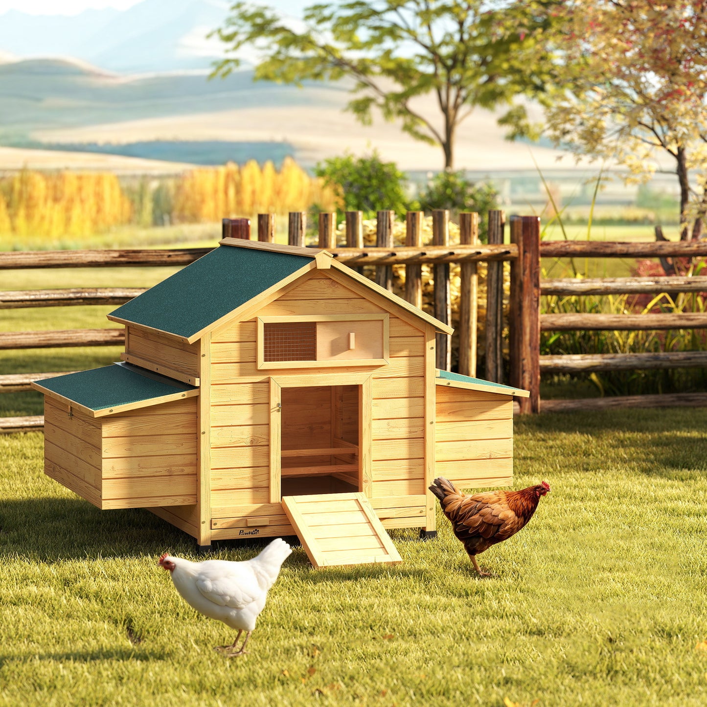 PawHut Chicken Coop, Wooden Outdoor Hen House Nesting Box, Openable Waterproof Top, Pull-Out Tray, 150 x 100 x 97cm