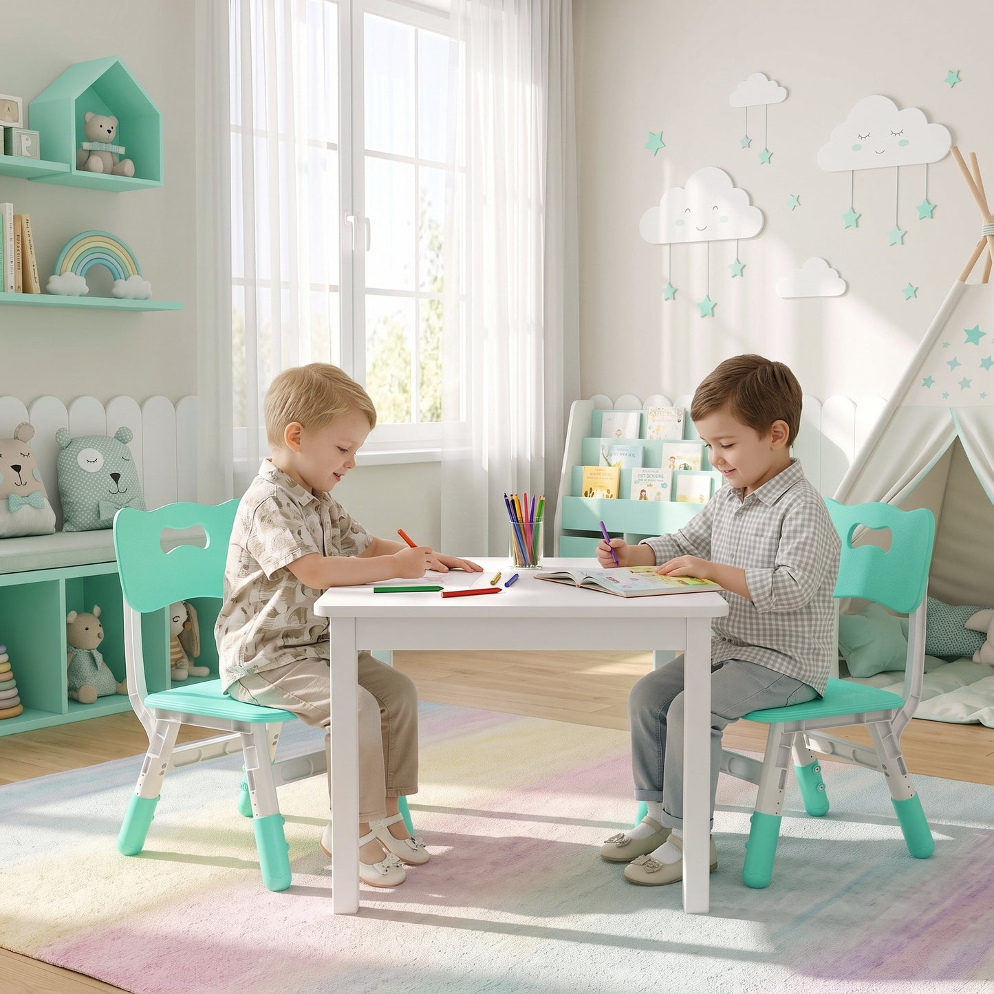 AIYAPLAY 2 PCS Kids Desk Chairs, 3 Level Height Adjustable Children's Chairs with Backrest for 1.5-8 Years, Max Load 50KG, Green