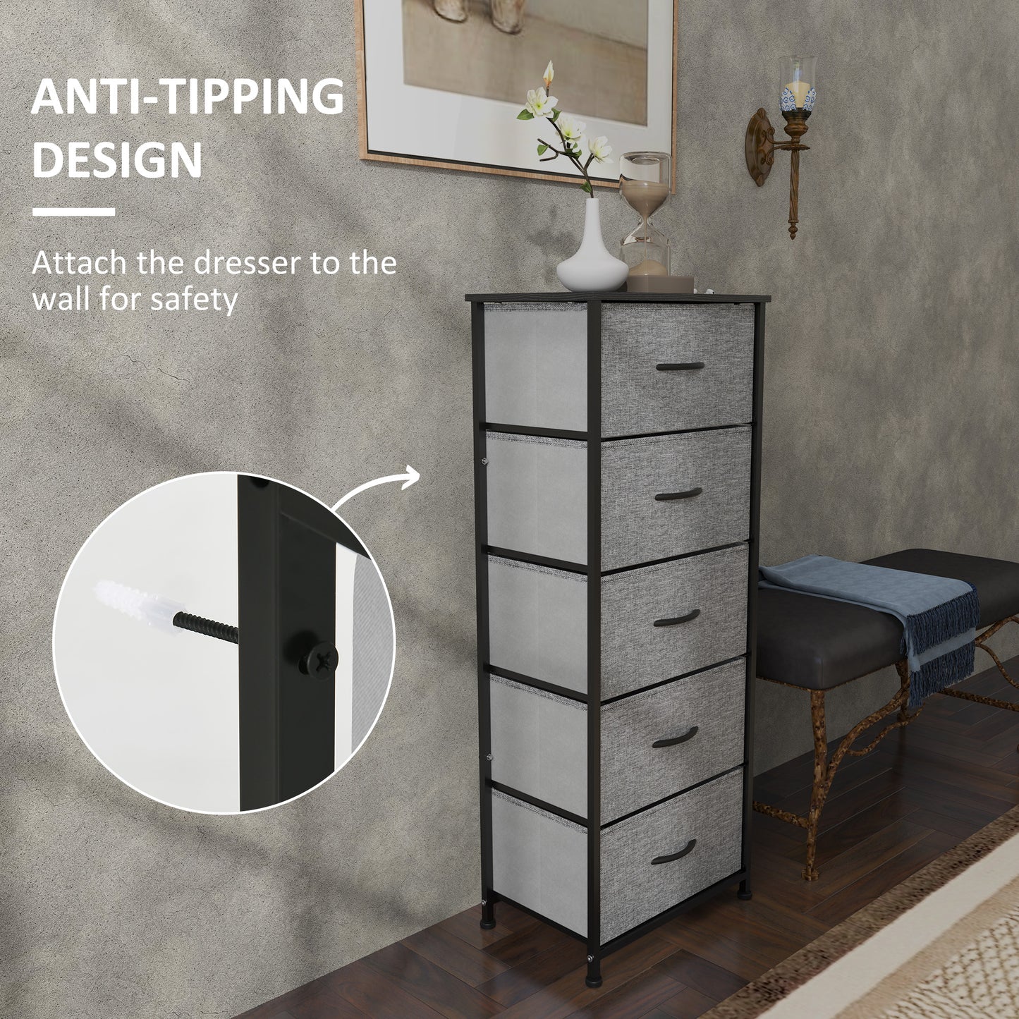 HOMCOM Industrial Dresser with 5 Fabric Drawers, Steel Frame, Wooden Top for Nursery, Living Room, Hallway, Dark Grey