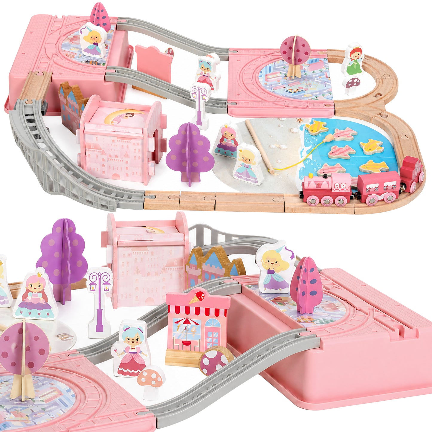 AIYAPLAY Wooden Train Set, 58PCS Train Track Set with 17 Track Pieces, 5 Princess Figures and Accessories