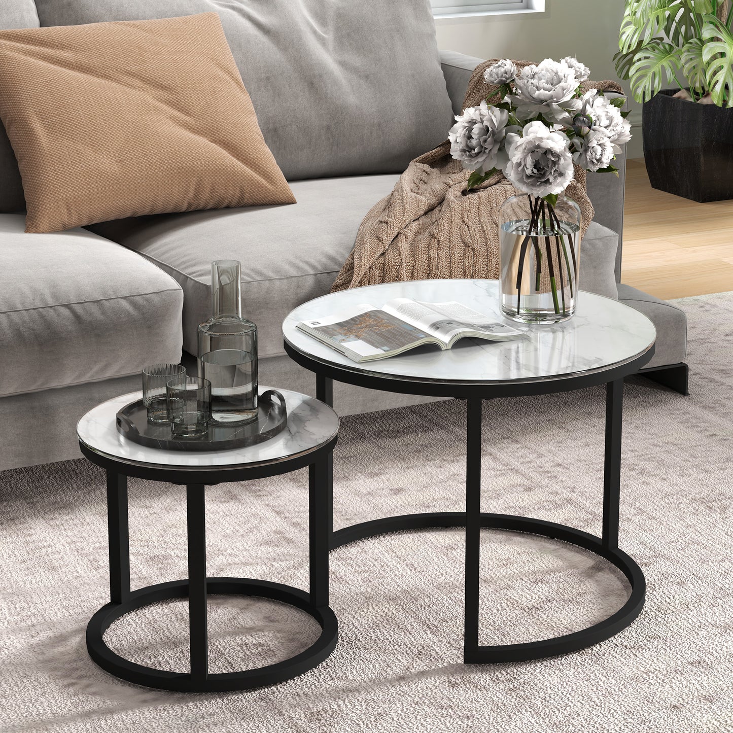 HOMCOM Glass Coffee Table Set, Round Marble-Effect Tempered Glass Top & Steel Frame, White