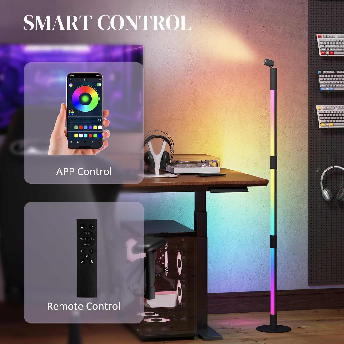 HOMCOM LED Floor Lamp with Reading Light, 360° RGB Corner Floor Lamp with App & Remote Control Dark Grey