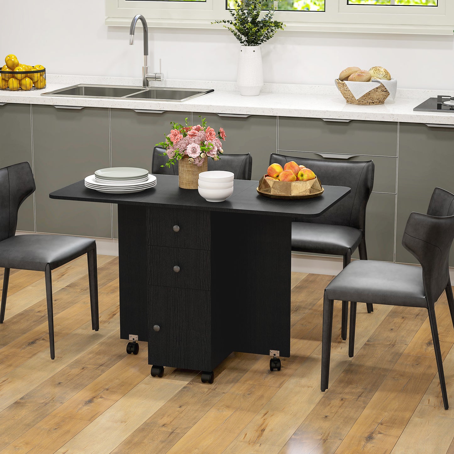 HOMCOM Multi-Storage Six-Person Drop Leaf Dining Table -  Distressed Black