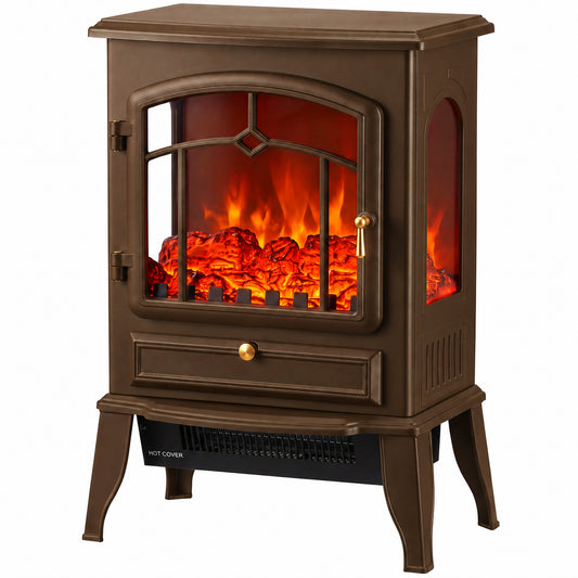 HOMCOM Electric Fireplace Stove, 1000/2000W 3-Sided Freestanding Fireplace Heater with 3D Flame Log, Thermostat, Brown