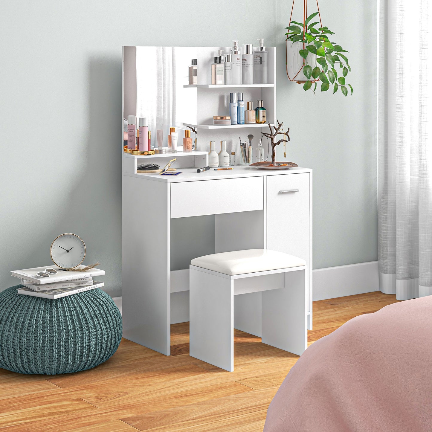 HOMCOM Dressing Table Set with Mirror, Stool, Drawer, Storage Cabinet, Adjustable Shelf, White