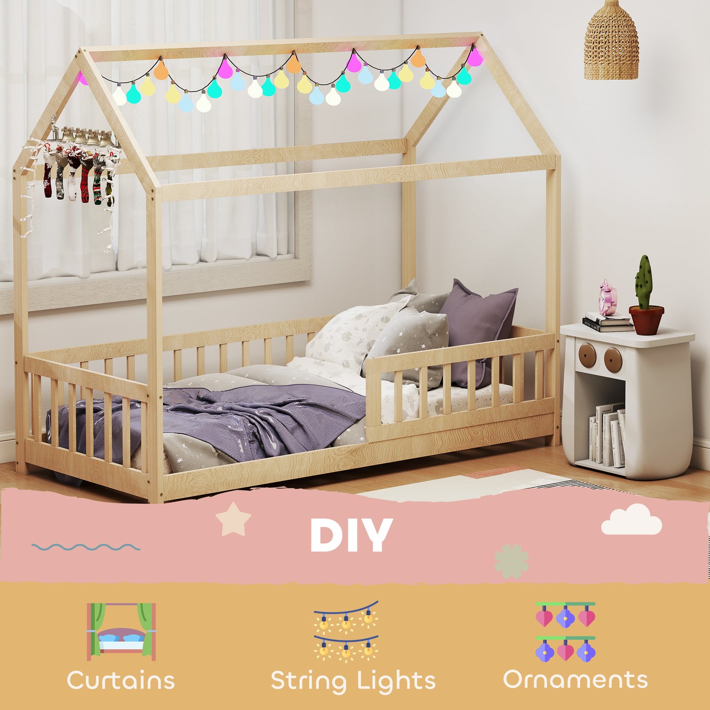 HOMCOM House-Shaped Kids Bed Frame with Guard Rails, Solid Pine Wood Single Bed Frame for Kids Boys and Girls, Natural