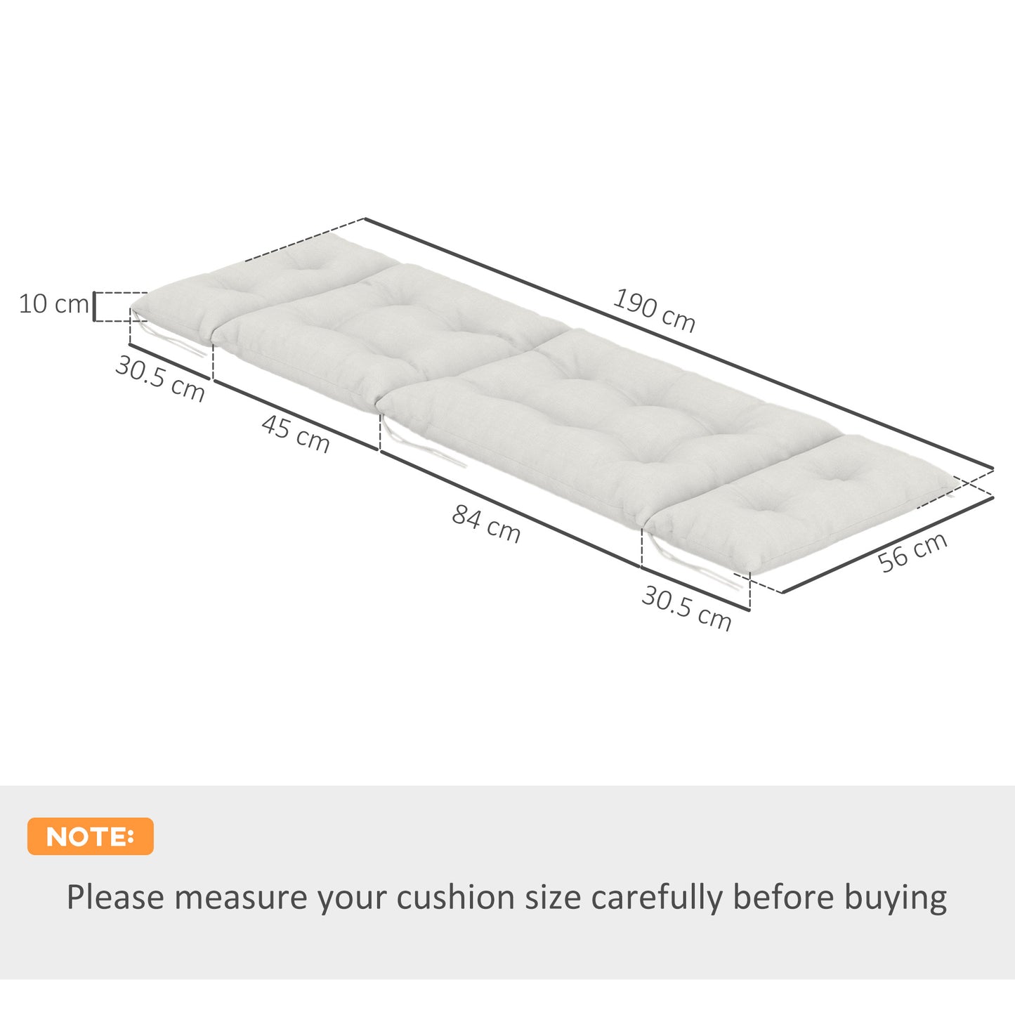 Outsunny Sun Lounger Cushions, 190x56x10cm Set of 2, UPF20+ Thick Sunbed Replacement with 6 Ties, 220gsm Fabric, Light Grey