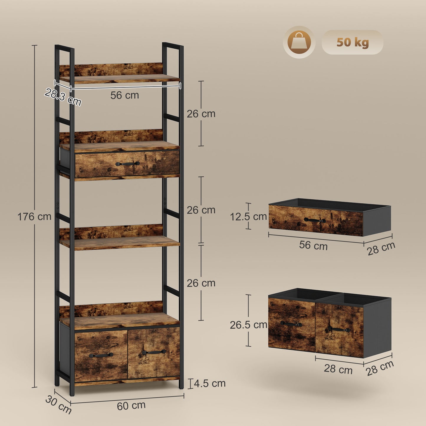 HOMCOM Industrial Bookcase, 6-Tier Tall Bookshelf with 3 Fabric Drawers - Rustic Brown