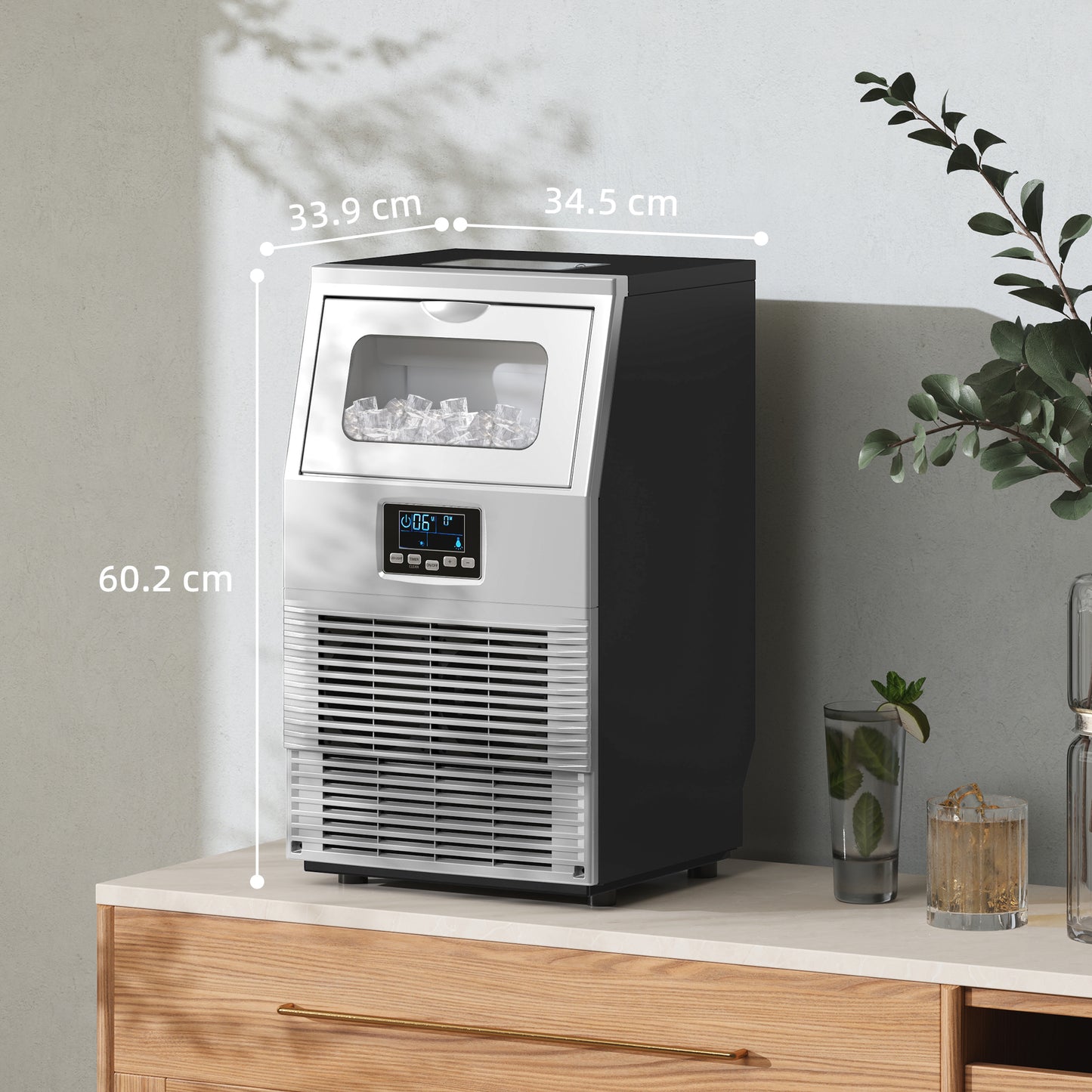 HOMCOM Commercial Ice Maker, Freestanding Industrial Ice Cube Machine, Digital Control, Self-cleaning, 4kg Storage, 30kg/24h for Home, Office, Bar - Silver