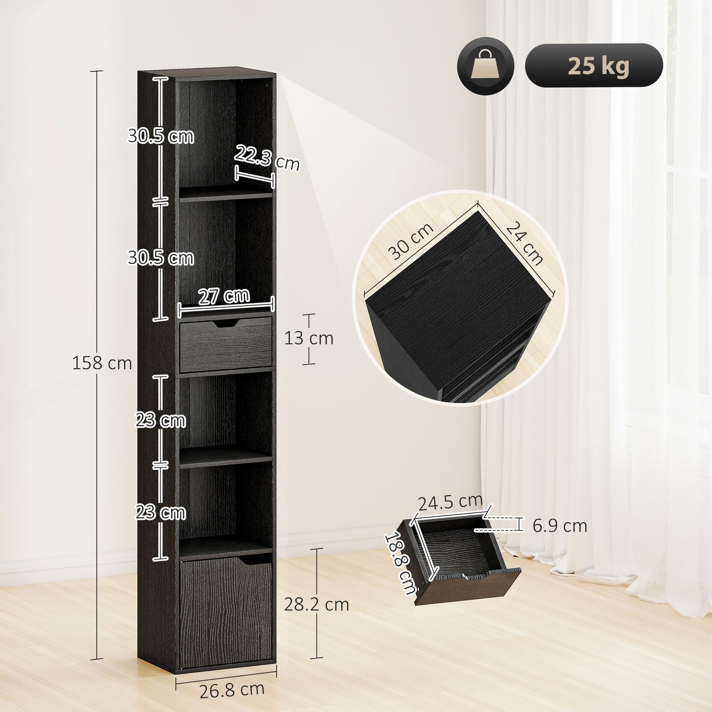 HOMCOM 6-Tier Bookcase, Tall Narrow Bookshelf with Drawer and Door - Black