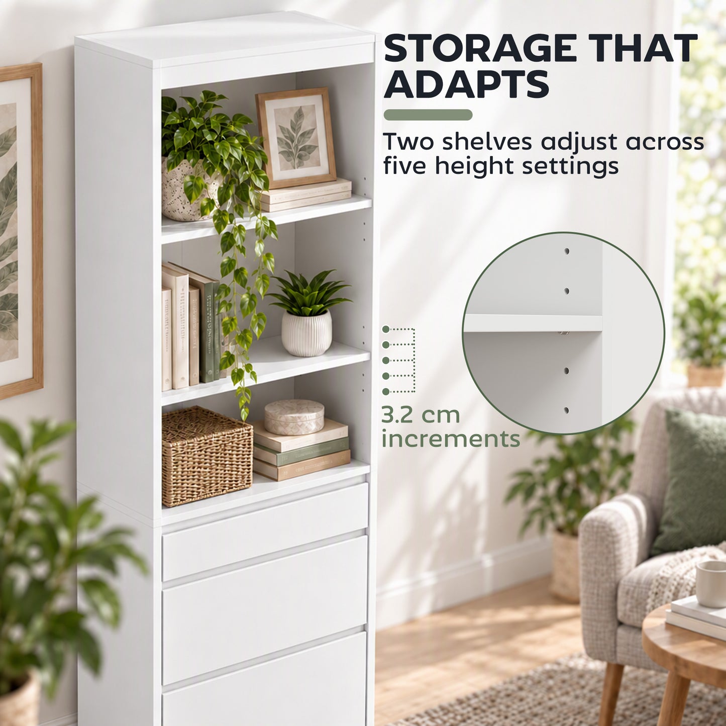 HOMCOM Bookcase with Drawers Adjustable Shelves Book Shelf for Study Living Room White