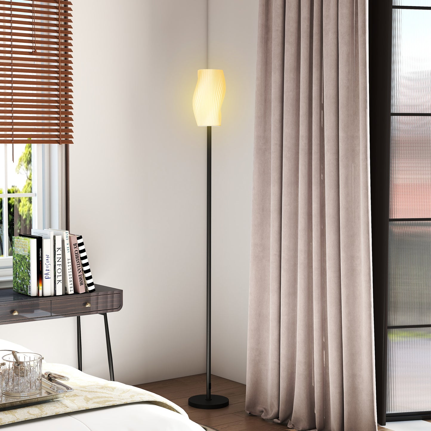 HOMCOM Floor Lamp, 3D Printed Modern Standing Lamp with Curved Shade & Foot Switch, E27 Holder (No Bulb, 25W Max), White