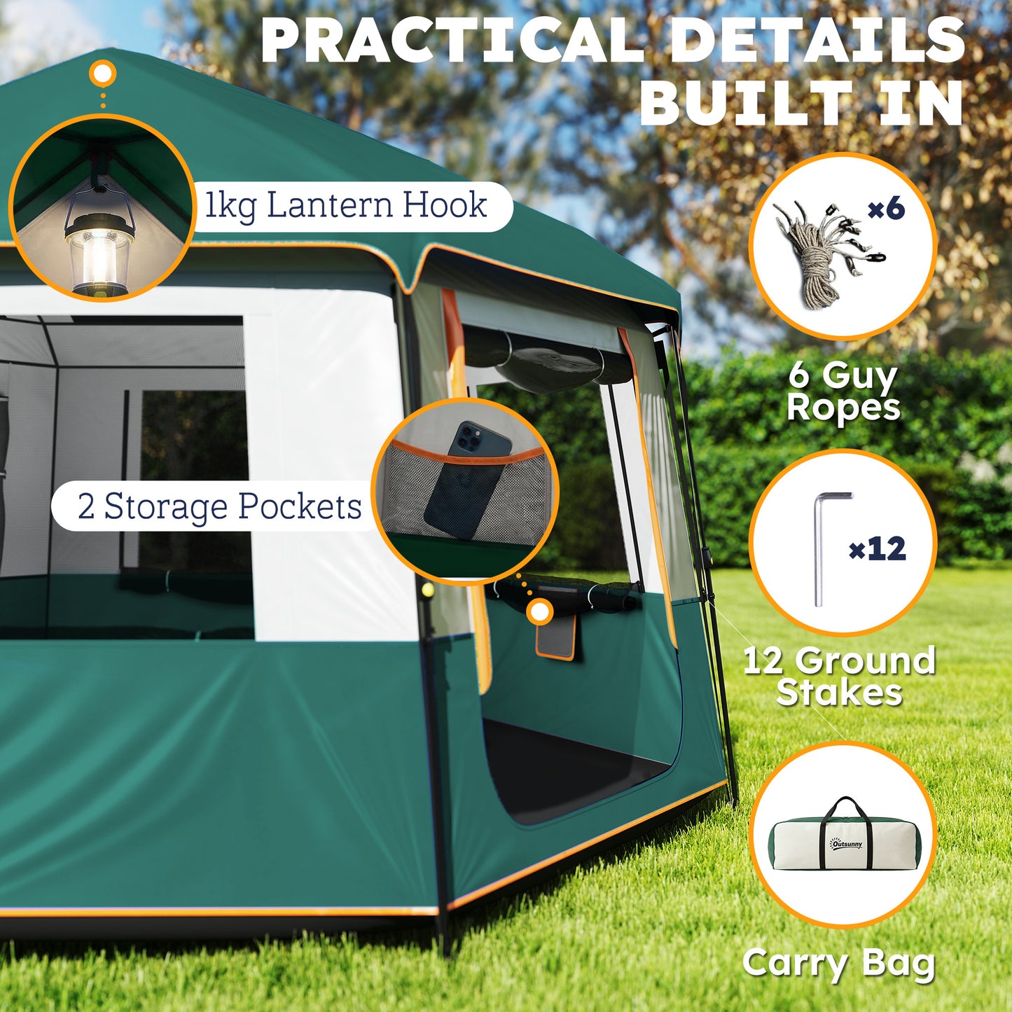 Outsunny Cabin Tent Easy Setup 3000mm Waterproof Camping Tent 4 Person with Carrying Bag Green