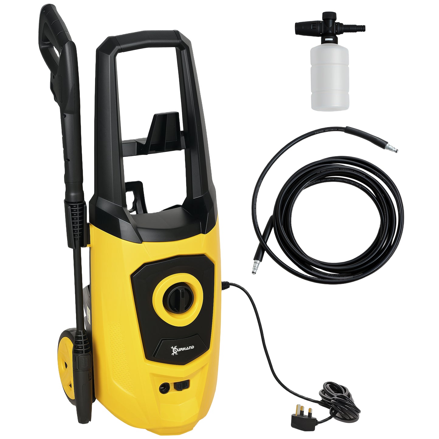 DURHAND 1800W High Pressure Washer, 150 Bar, 510 L/h Flow, Portable Jet Wash with 6m Hose, Snow Foam, Yellow