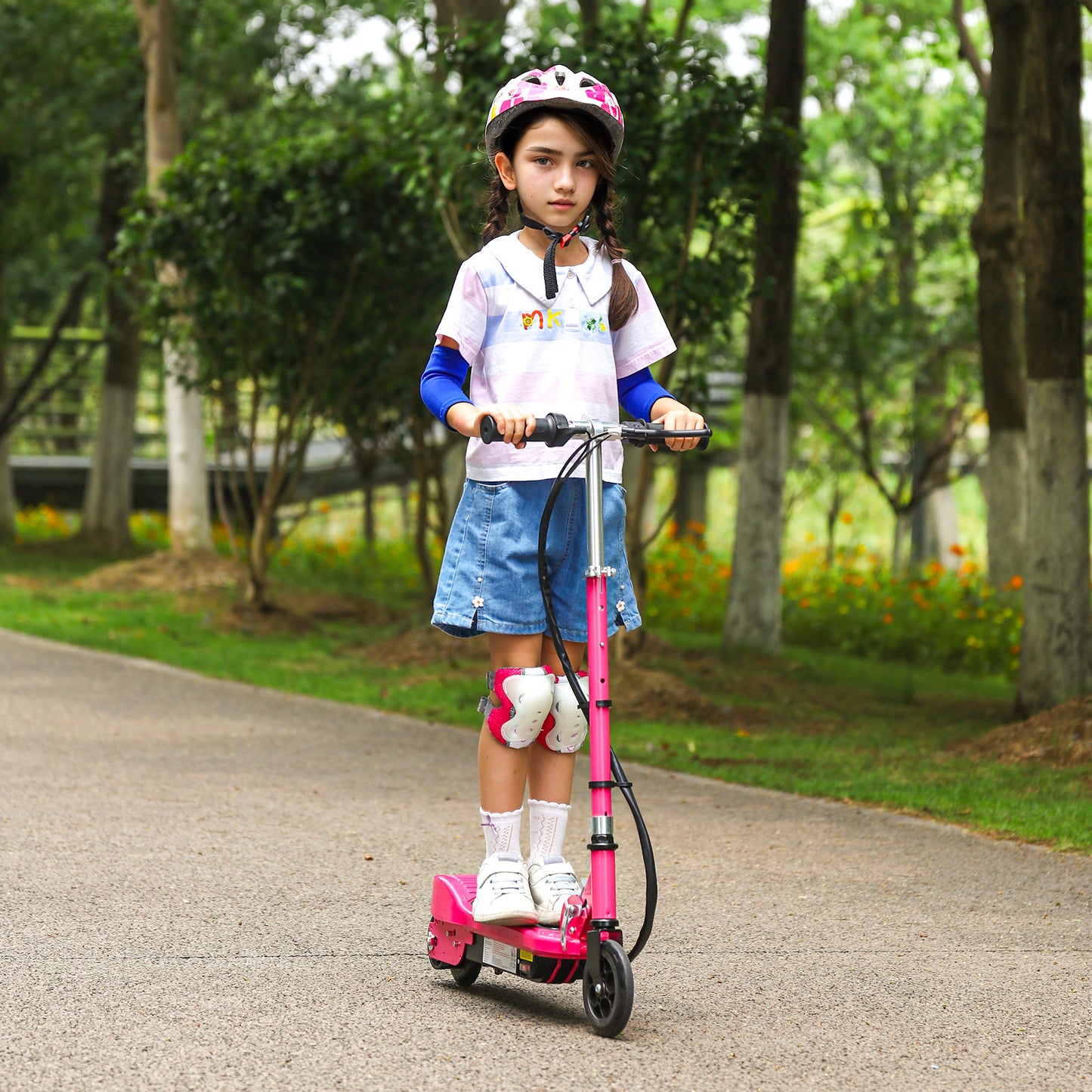 HOMCOM Folding Electric Kids Scooter Ride on Age 7-14, Pink