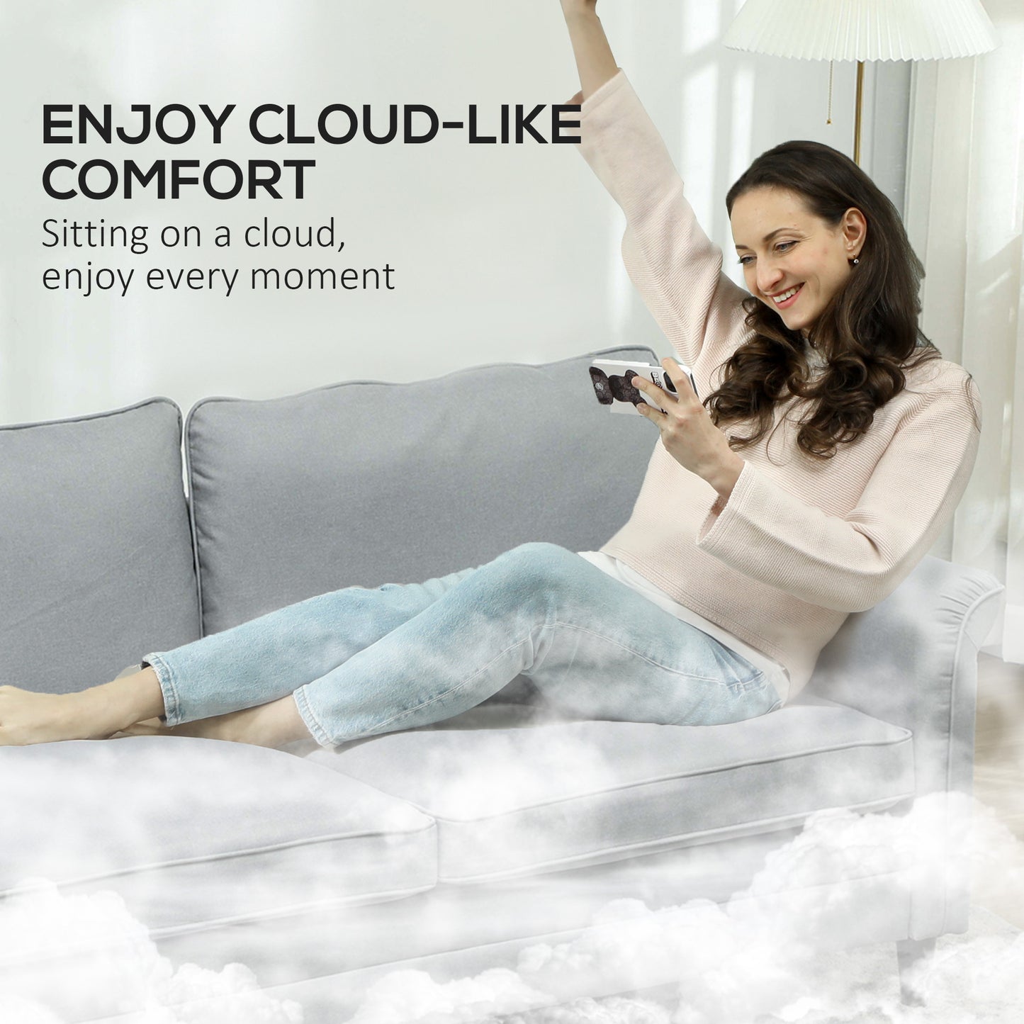 HOMCOM 3 Seater Sofa, Modern Fabric Couch with Spring Cushion, Rubber Wood Legs, 191cm for Living Room, Bedroom, Home Office, Grey