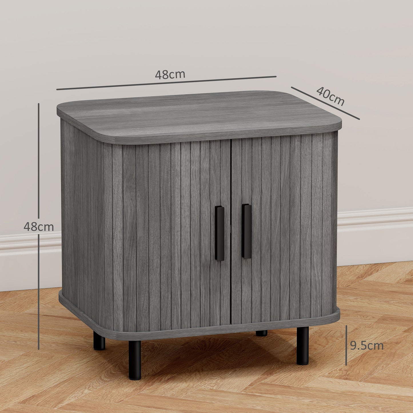 HOMCOM Bedside Table, Nordic Side Table with Roller Shutter Style Sliding Doors and Metal Legs for Bedroom, Living Room, Grey