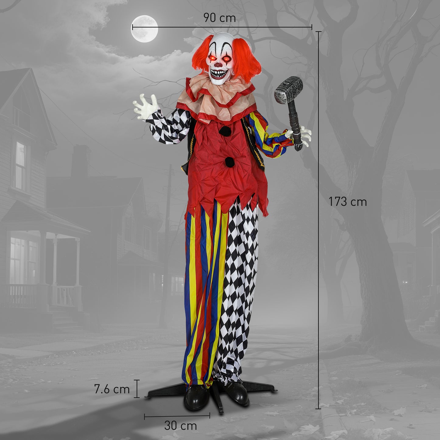 Outsunny Life Size Halloween Animated Clown with Red Light Up Eyes, Sound Activated Moving Arms & Head, Battery Operated Indoor Prop, 173 cm, Red