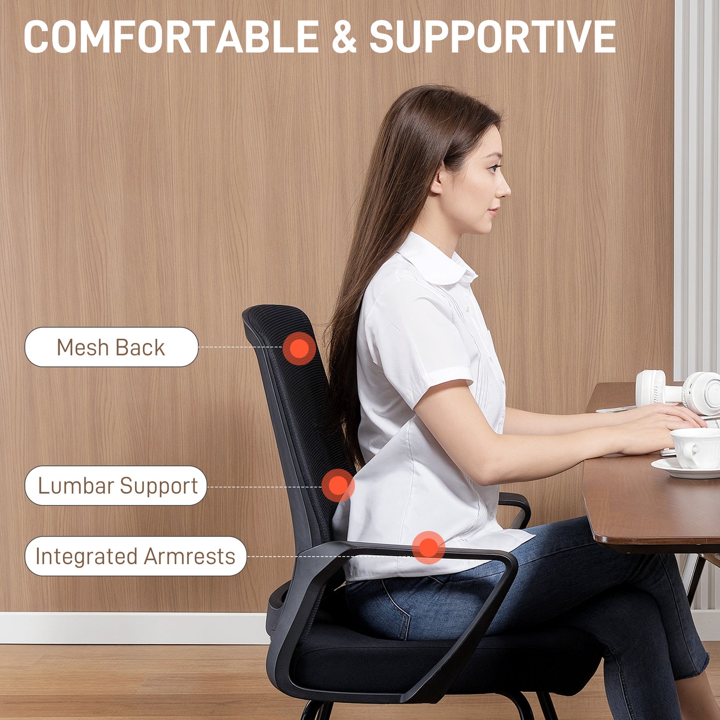 HOMCOM Desk Chair No Wheels, Office Chair with Mesh Back, Lumbar Support, Metal Base for Waiting Room, Conference Room, Black