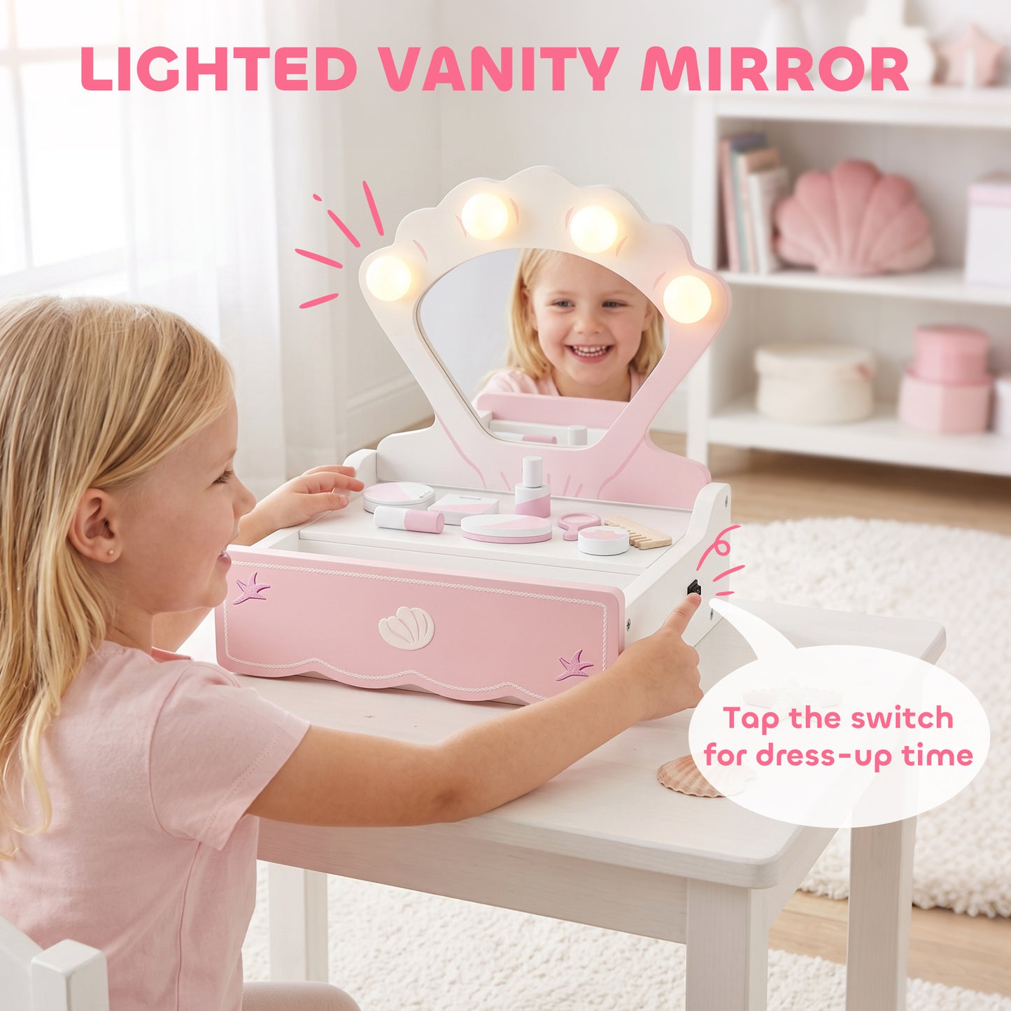 AIYAPLAY Kids Dressing Table, Portable Vanity Table with Lights, Mirror, Drawer, Accessories, Gift for 3-6 Years