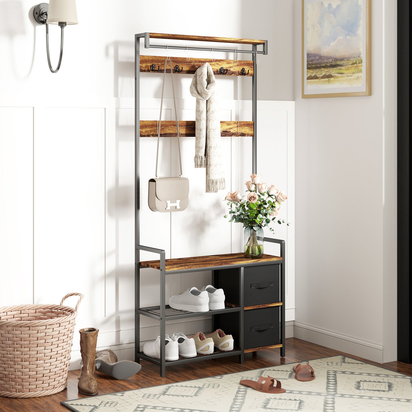 HOMCOM Coat Rack with Bench and Shoe Storage, Rustic Brown