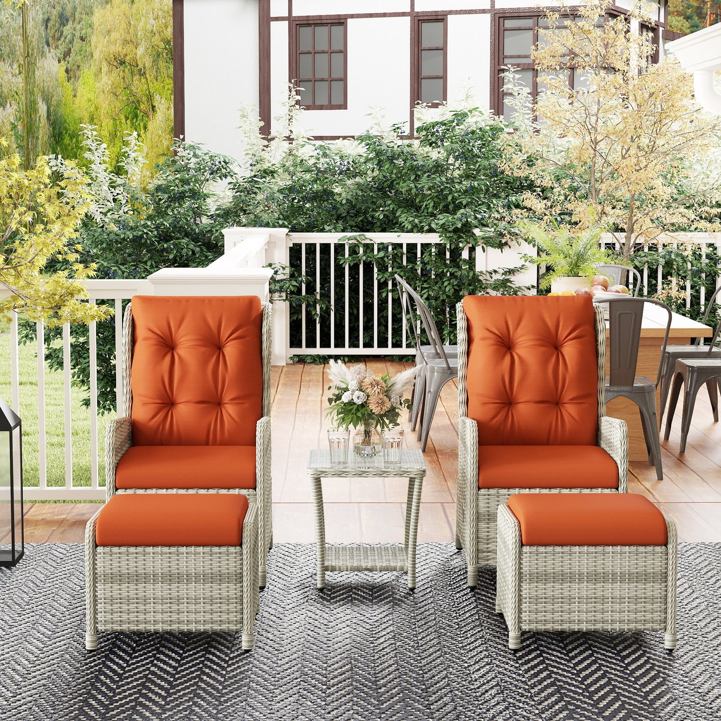 Outsunny 5-Piece Rattan Bistro Set: Reclining Chairs, Cushions, Glass Table, Footstools - Orange