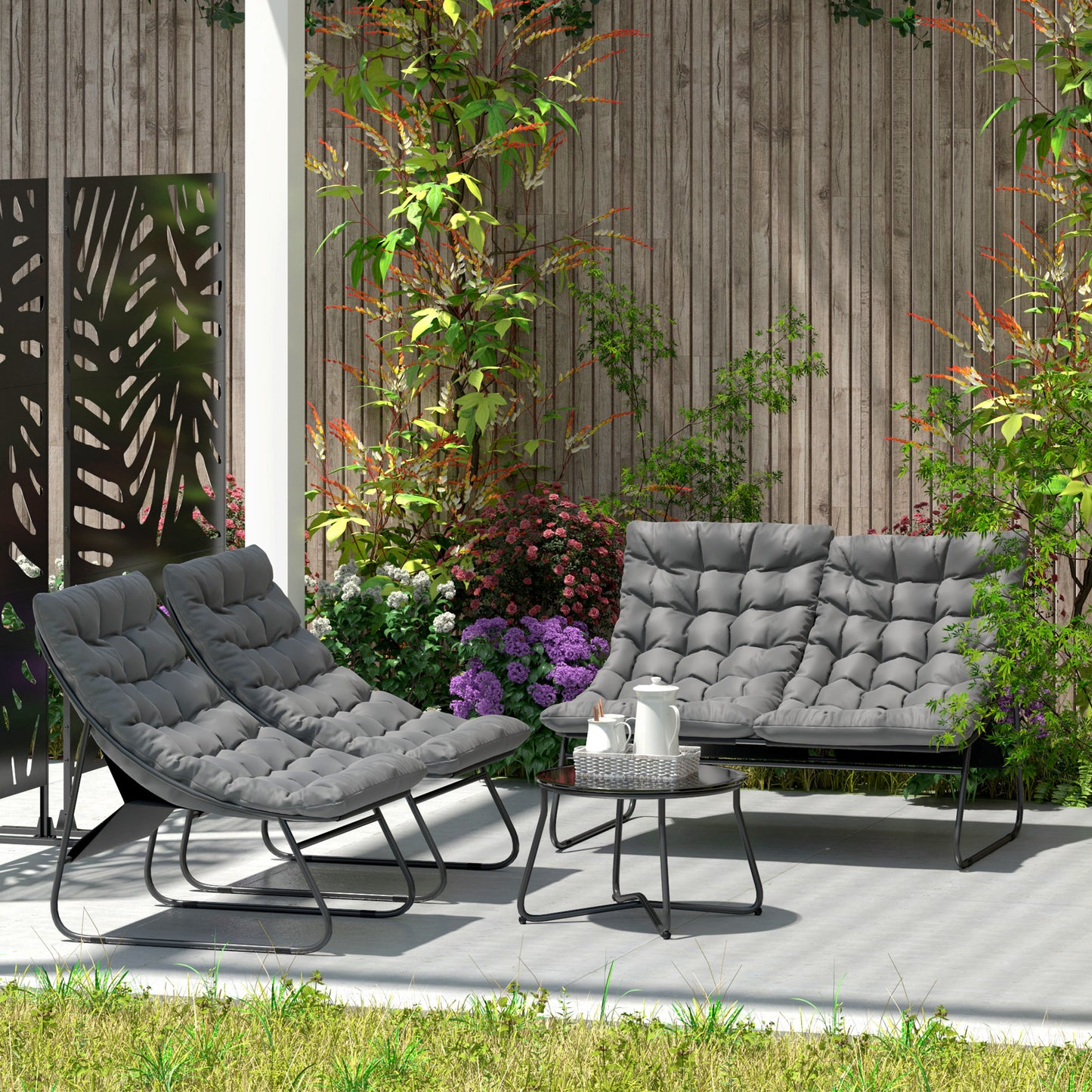 Outsunny 4 Seater Garden Furniture Set with Loveseat Sofa, Chairs, Glass Coffee Table, Cushions, Steel Outdoor Sofa, Grey
